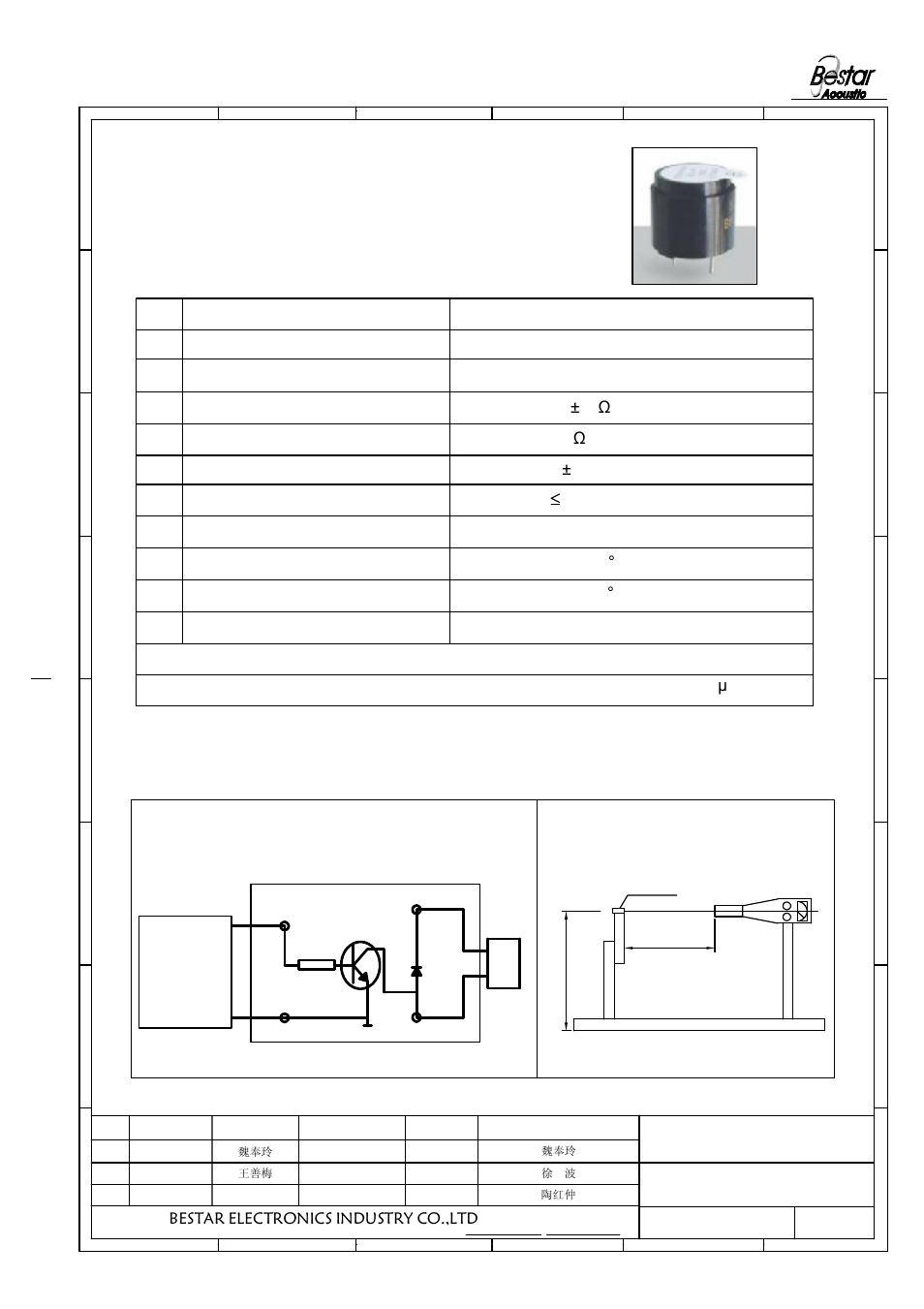 Characteristics, 1 electrical and mechanical characteristics, Buzzer red black | Square signal generator, Bestar electronics industry co.,ltd | BeStar BMT1612H14-01 LF User Manual | Page 2 / 6