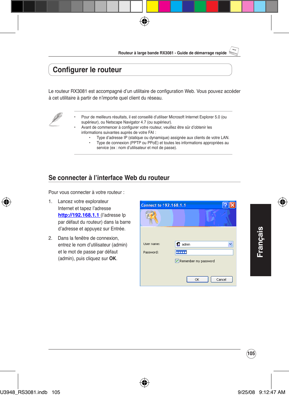 Français, Configurer le routeur, Se connecter à l’interface web du routeur | Asus RX3081 User Manual | Page 105 / 301