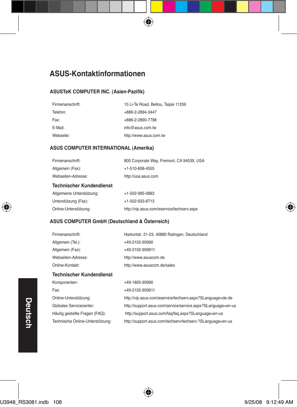 Deutsch, Asus-kontaktinformationen | Asus RX3081 User Manual | Page 108 / 301