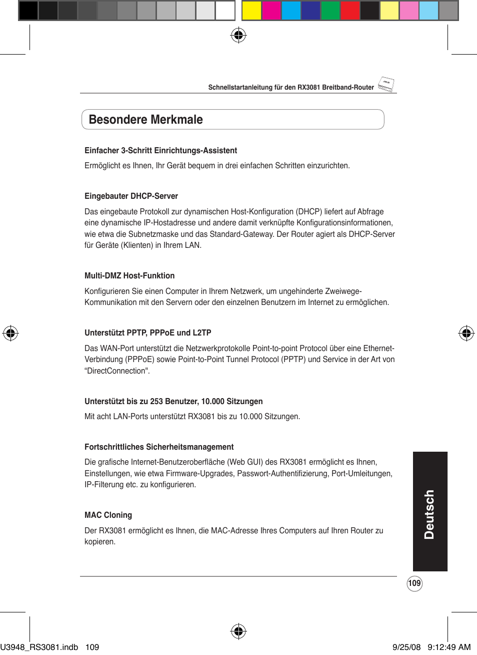 Deutsch, Besondere merkmale | Asus RX3081 User Manual | Page 109 / 301