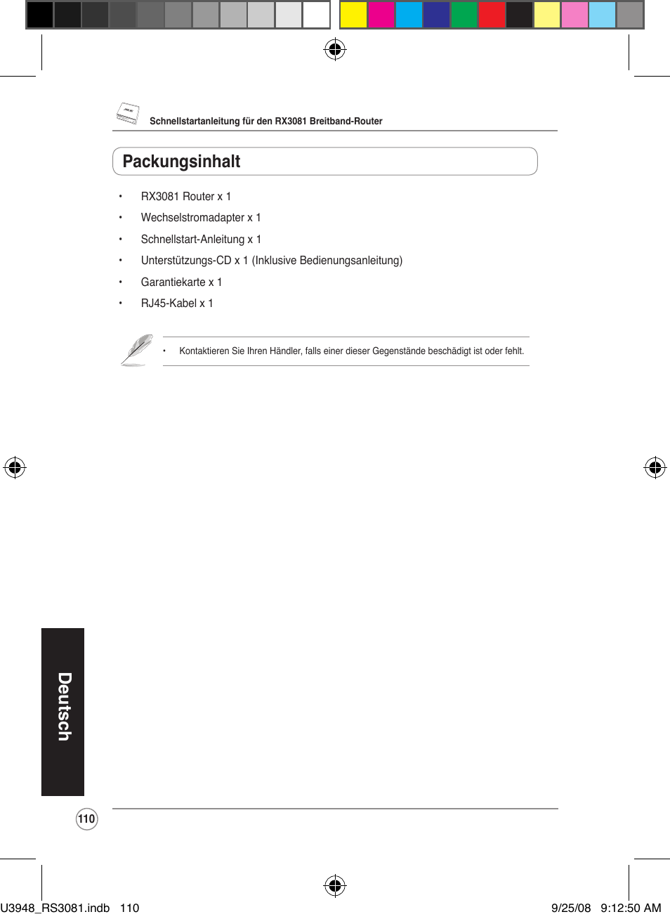 Deutsch, Packungsinhalt | Asus RX3081 User Manual | Page 110 / 301