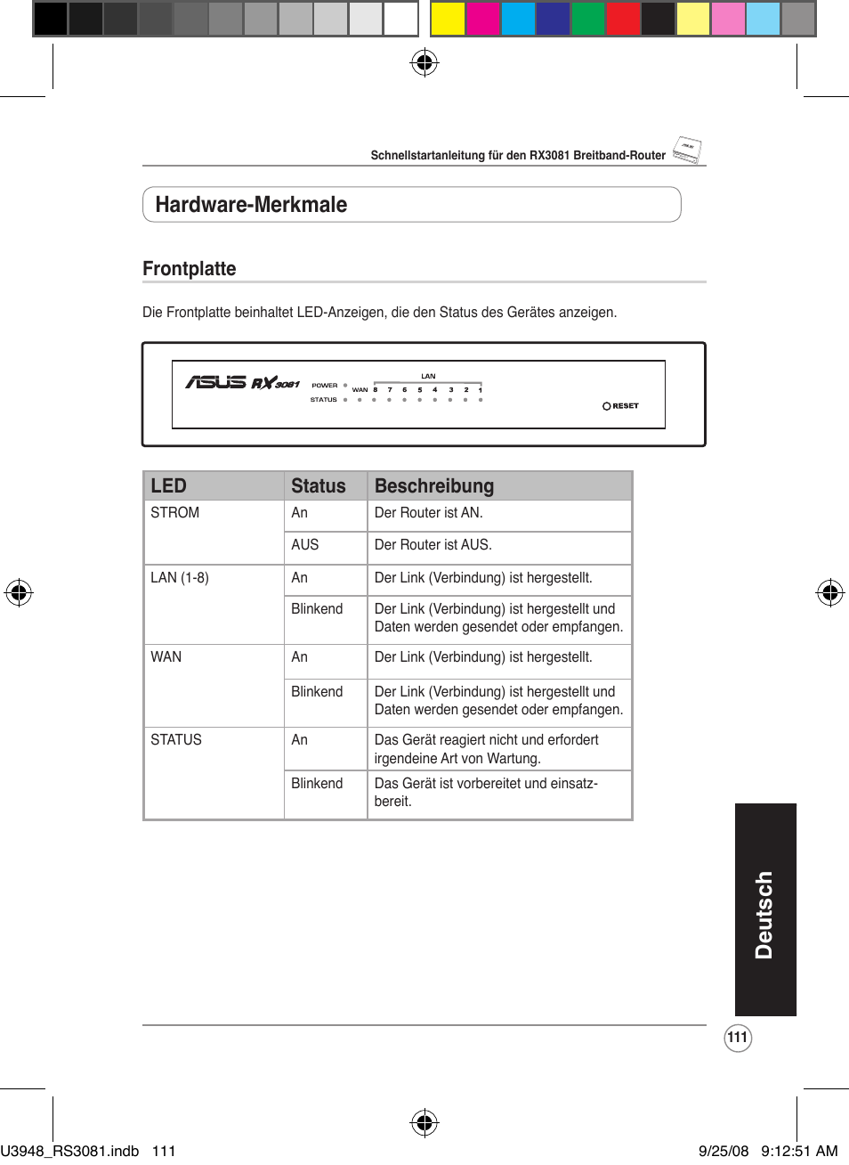 Deutsch, Hardware-merkmale, Frontplatte | Led status beschreibung | Asus RX3081 User Manual | Page 111 / 301