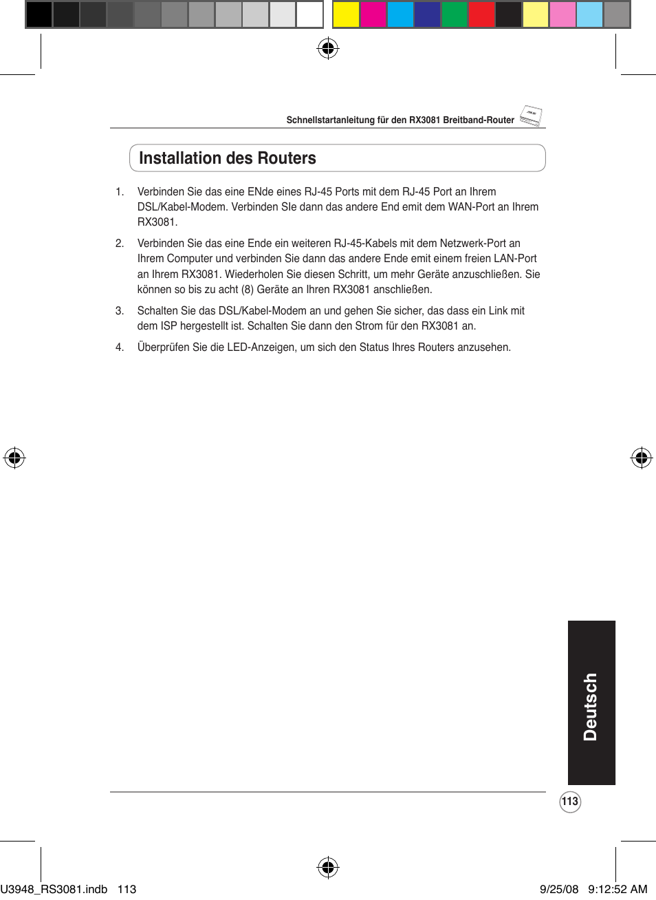 Deutsch, Installation des routers | Asus RX3081 User Manual | Page 113 / 301