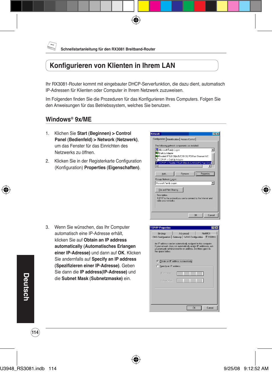 Deutsch, Konfigurieren von klienten in ihrem lan, Windows | 9x/me | Asus RX3081 User Manual | Page 114 / 301