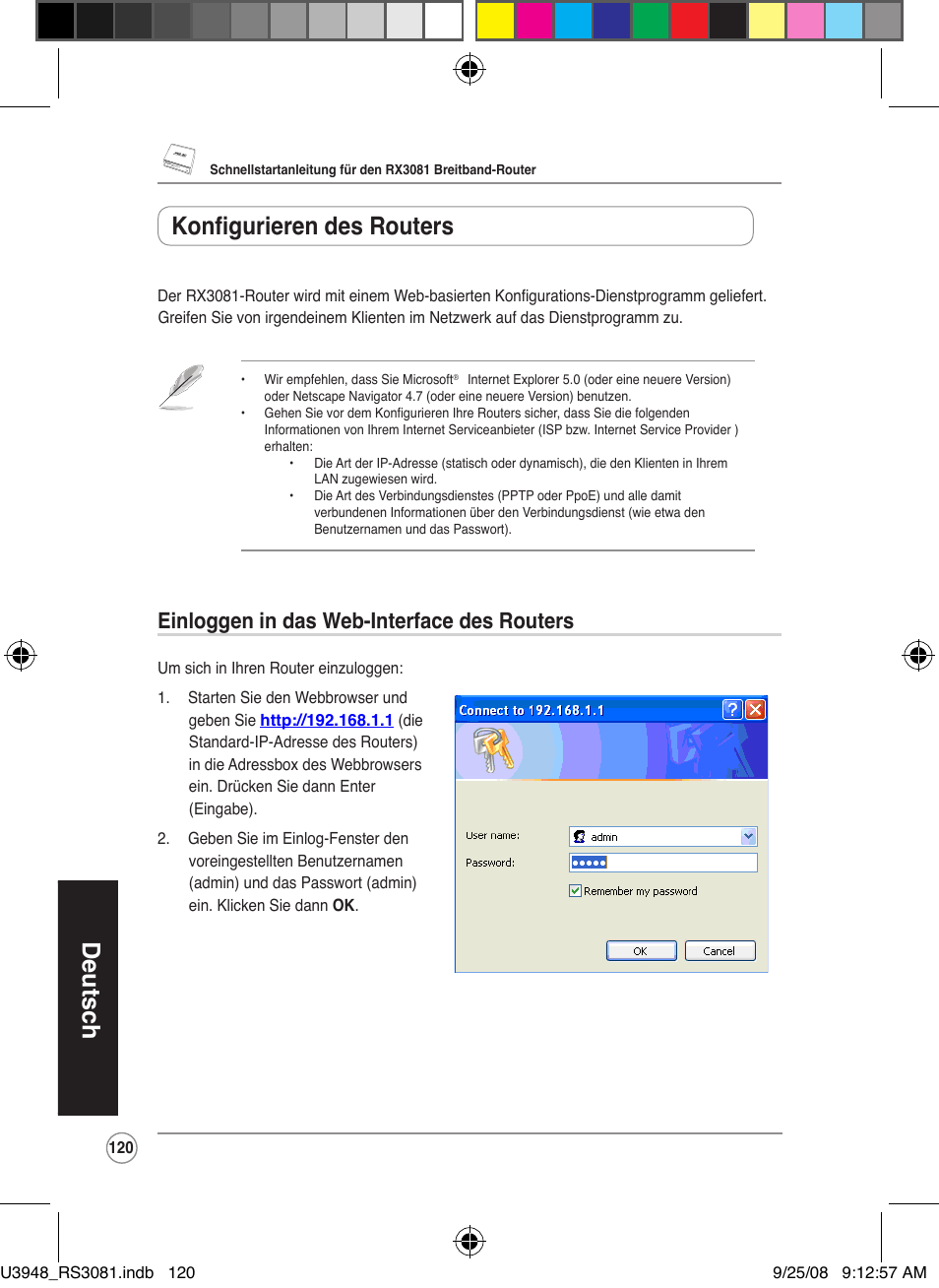 Deutsch, Konfigurieren des routers, Einloggen in das web-interface des routers | Asus RX3081 User Manual | Page 120 / 301