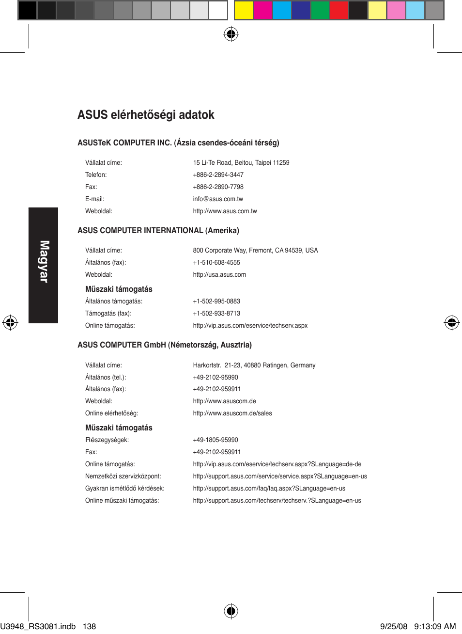 Magyar, Asus elérhetőségi adatok | Asus RX3081 User Manual | Page 138 / 301