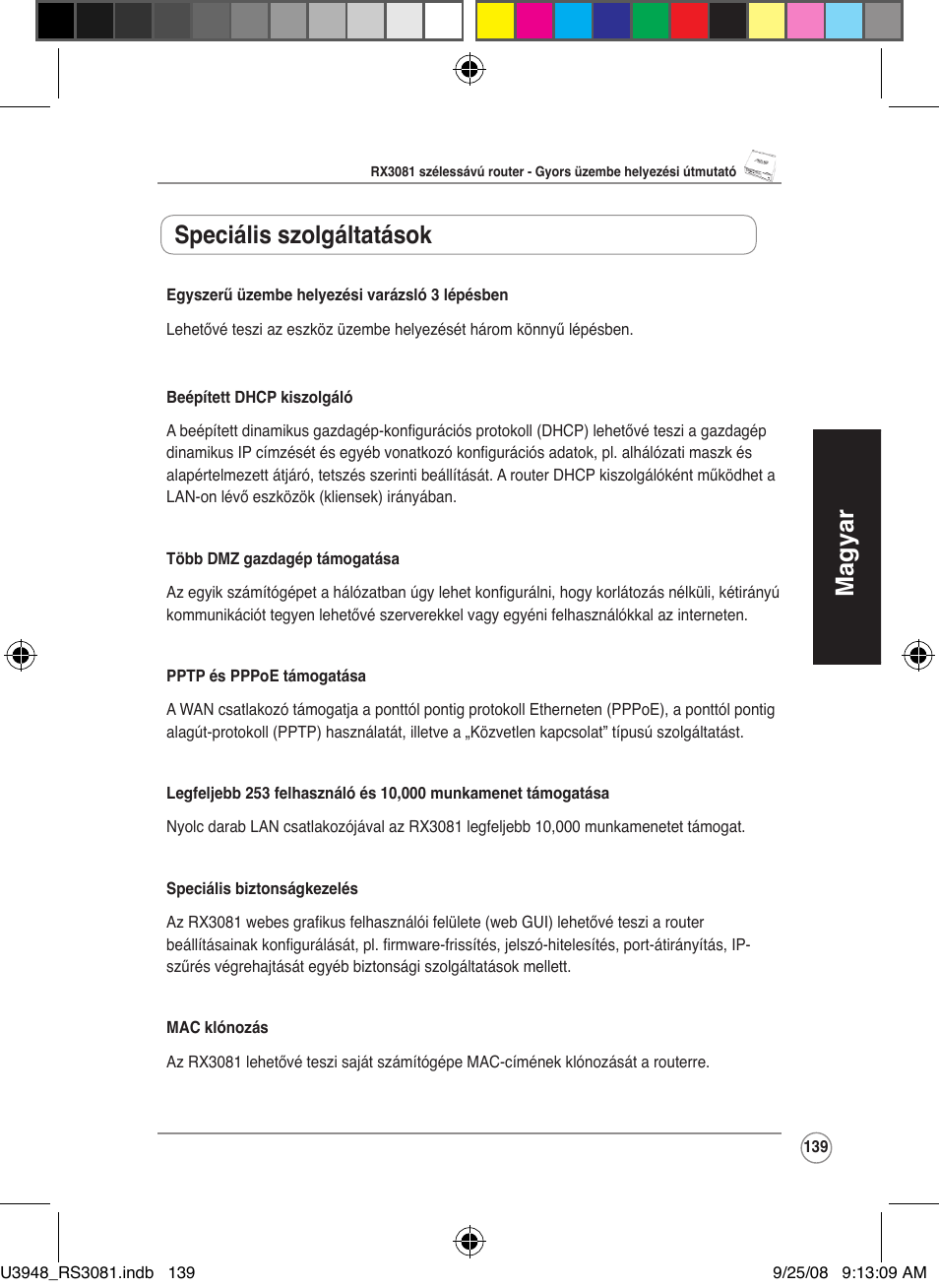 Magyar, Speciális szolgáltatások | Asus RX3081 User Manual | Page 139 / 301