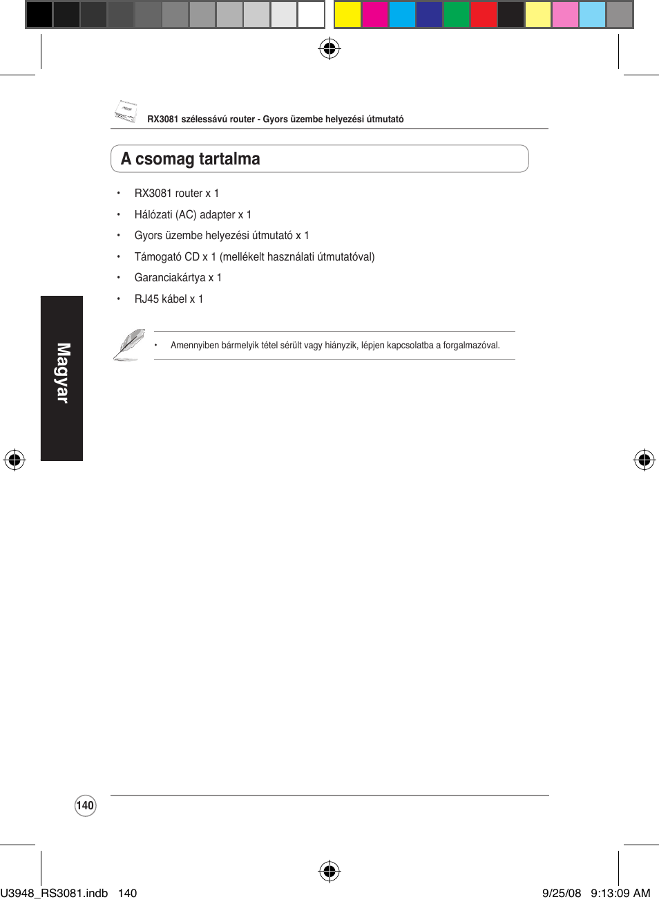 Magyar, A csomag tartalma | Asus RX3081 User Manual | Page 140 / 301