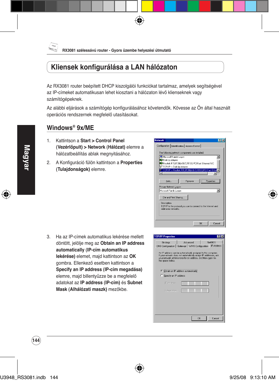 Magyar, Kliensek konfigurálása a lan hálózaton, Windows | 9x/me | Asus RX3081 User Manual | Page 144 / 301