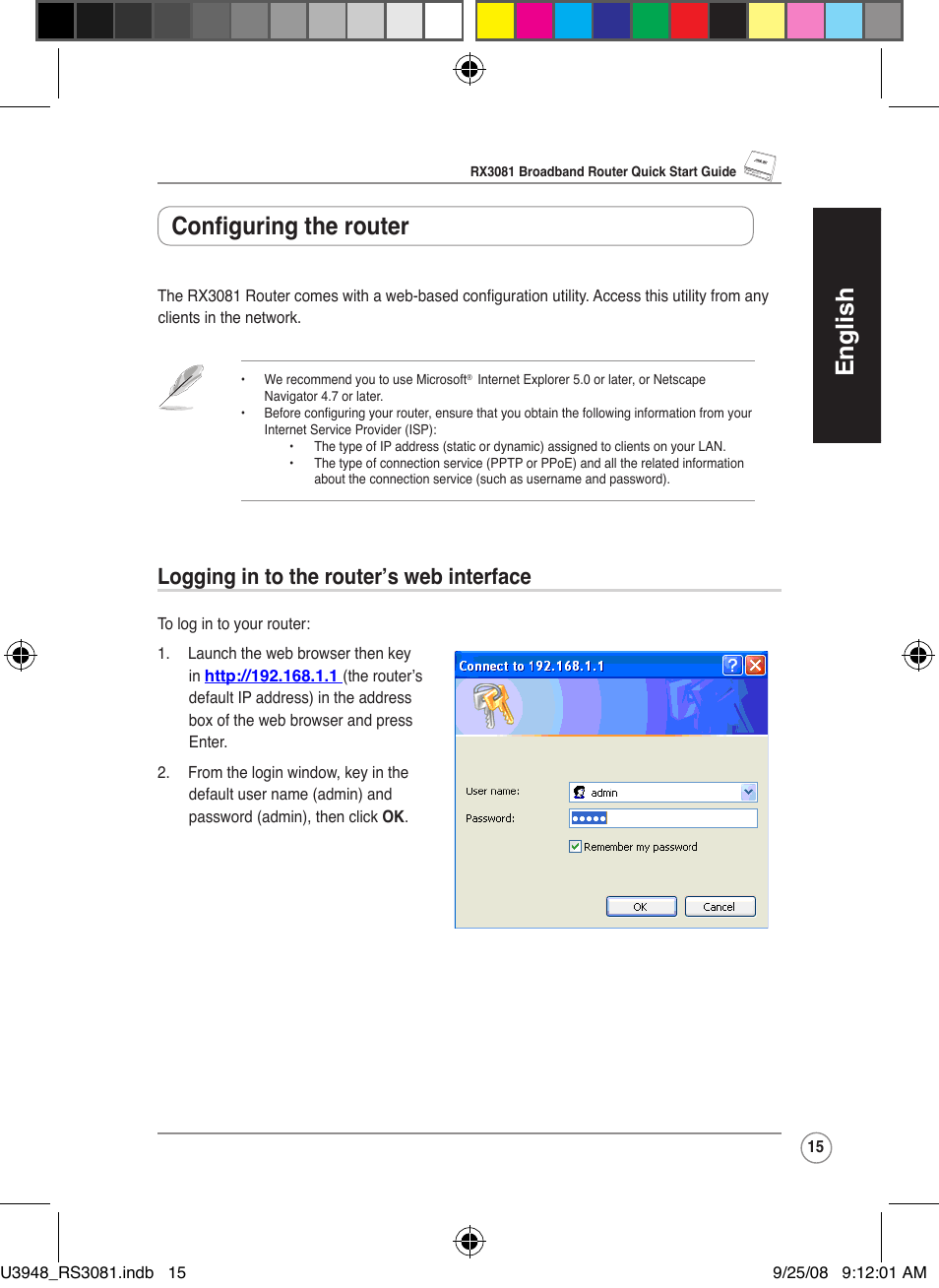 English, Configuring the router, Logging in to the router’s web interface | Asus RX3081 User Manual | Page 15 / 301