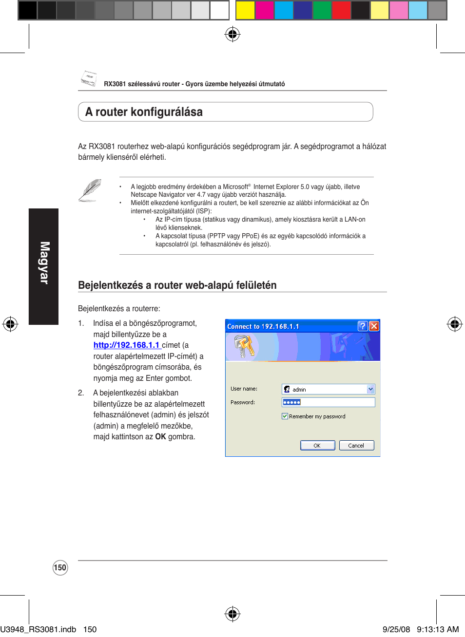 Magyar, A router konfigurálása, Bejelentkezés a router web-alapú felületén | Asus RX3081 User Manual | Page 150 / 301