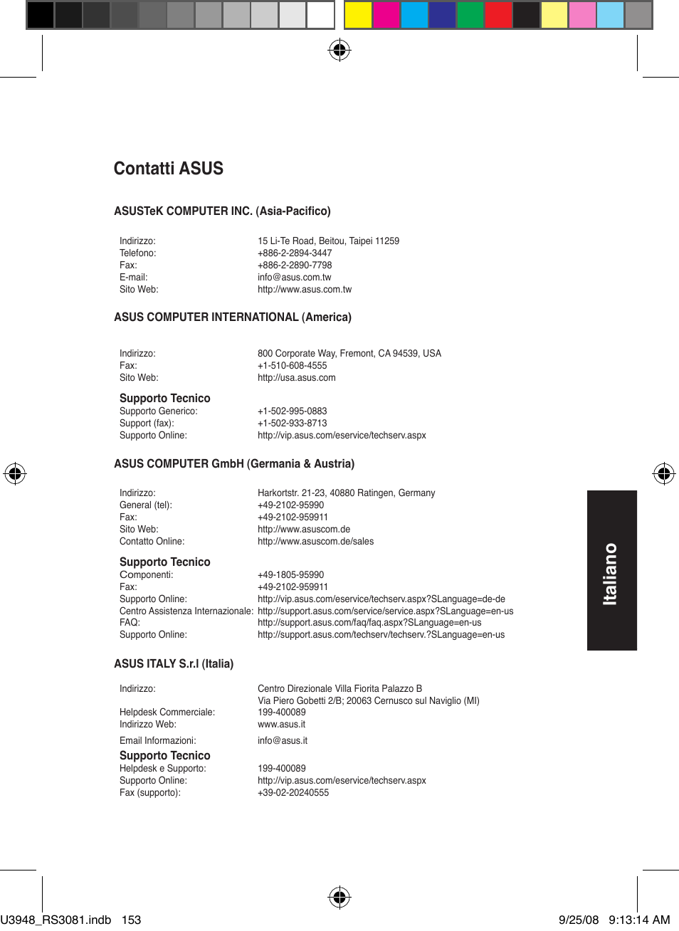 Italiano, Contatti asus | Asus RX3081 User Manual | Page 153 / 301