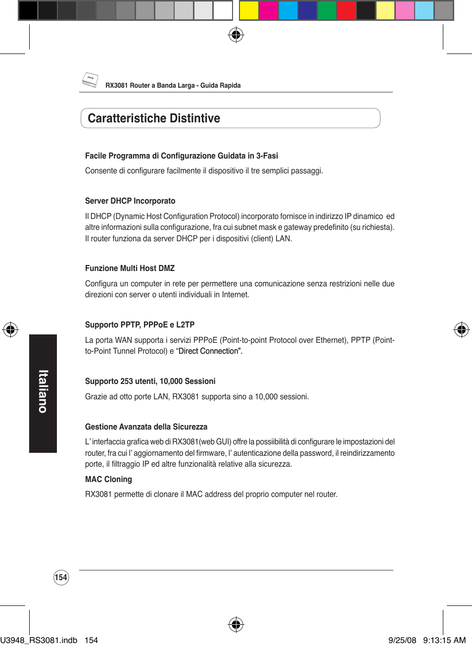 Italiano, Caratteristiche distintive | Asus RX3081 User Manual | Page 154 / 301