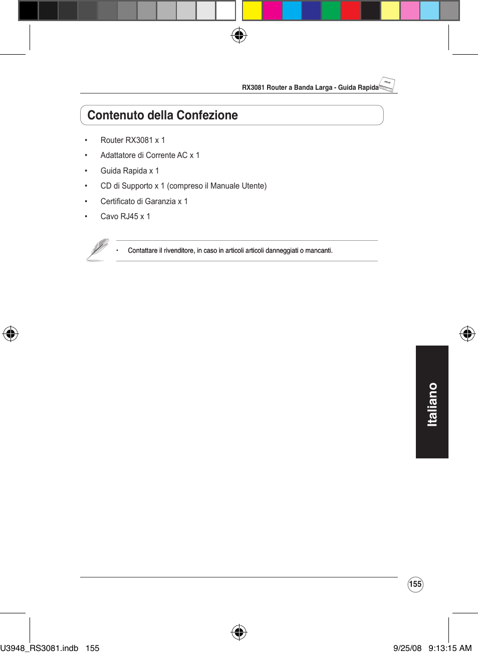 Italiano, Contenuto della confezione | Asus RX3081 User Manual | Page 155 / 301