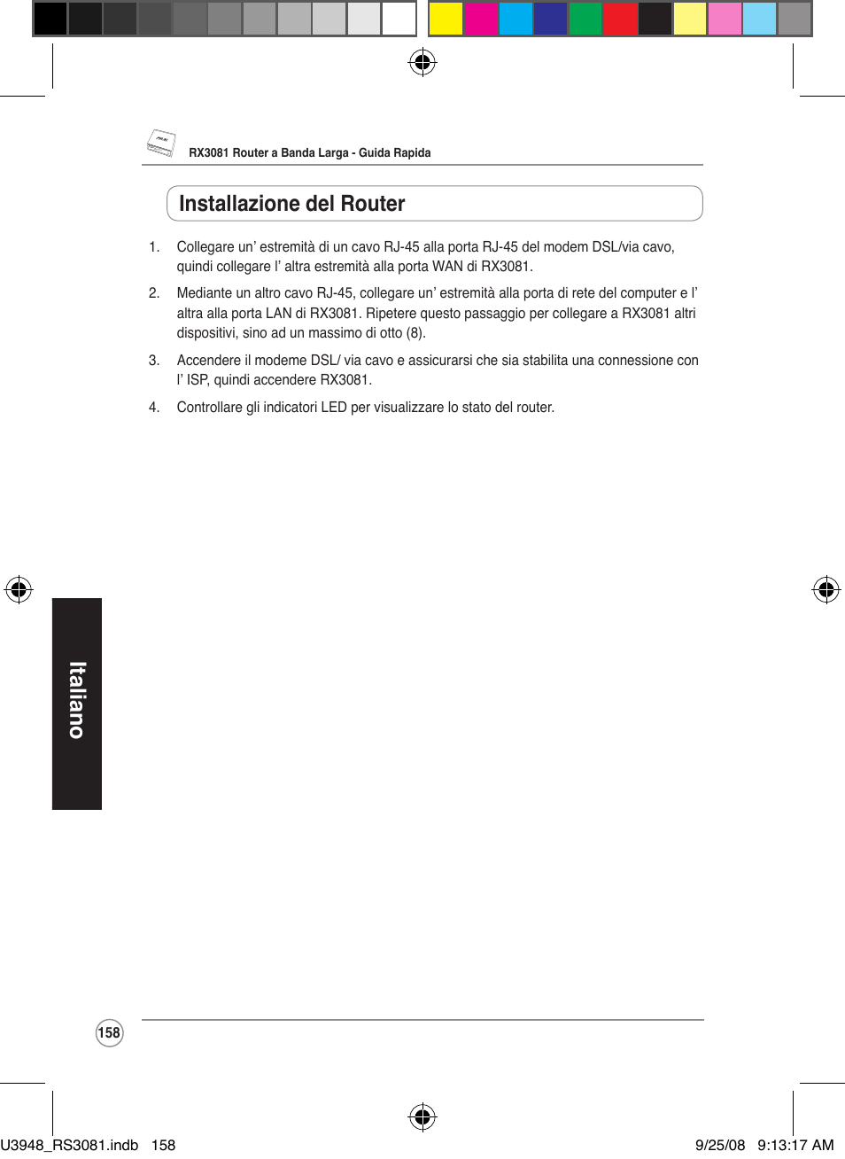 Italiano, Installazione del router | Asus RX3081 User Manual | Page 158 / 301