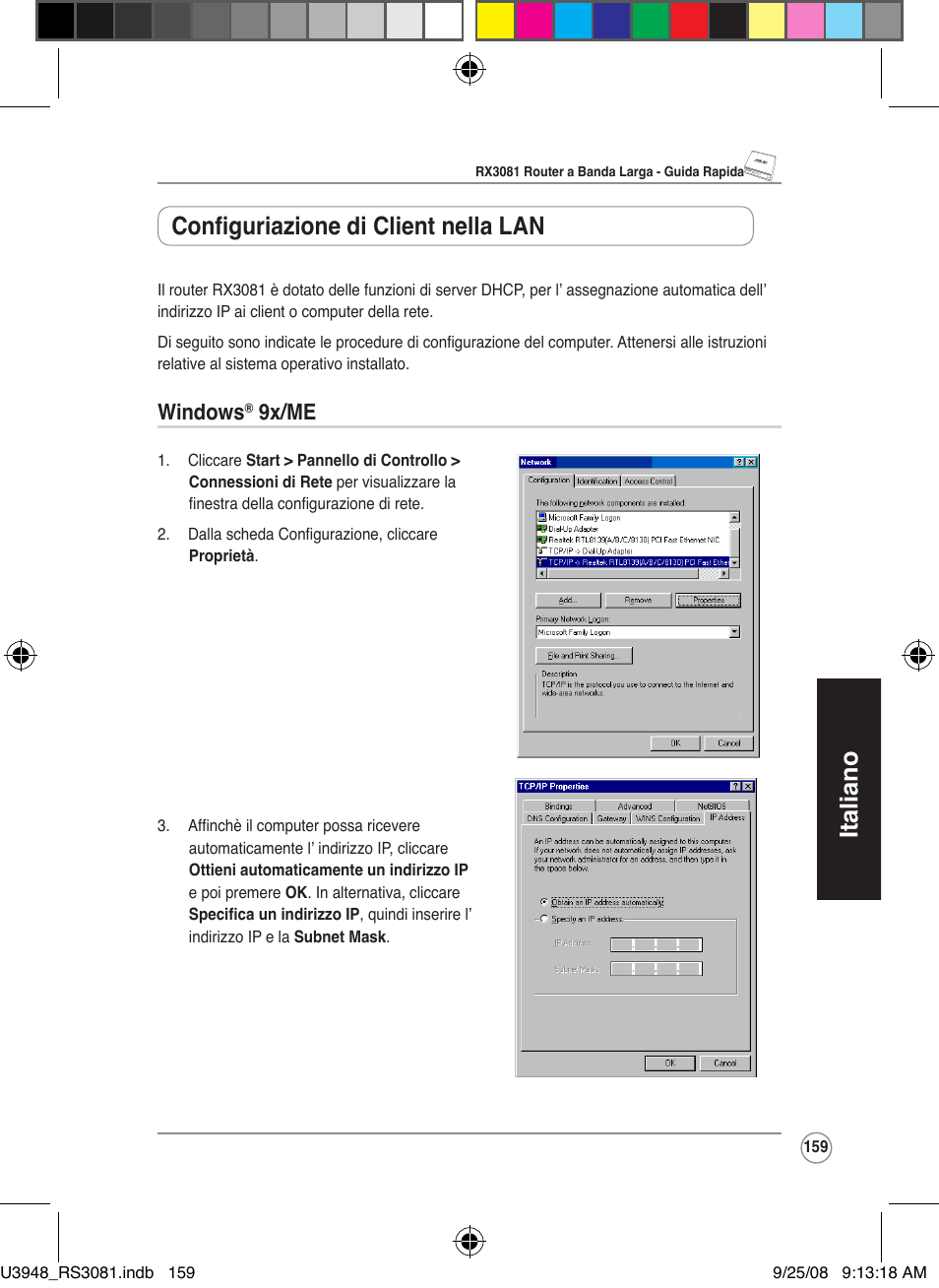 Italiano, Configuriazione di client nella lan, Windows | 9x/me | Asus RX3081 User Manual | Page 159 / 301