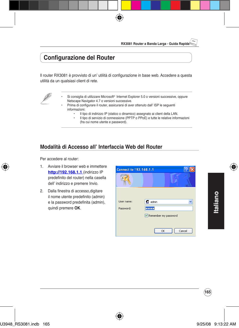 Italiano, Configurazione del router | Asus RX3081 User Manual | Page 165 / 301