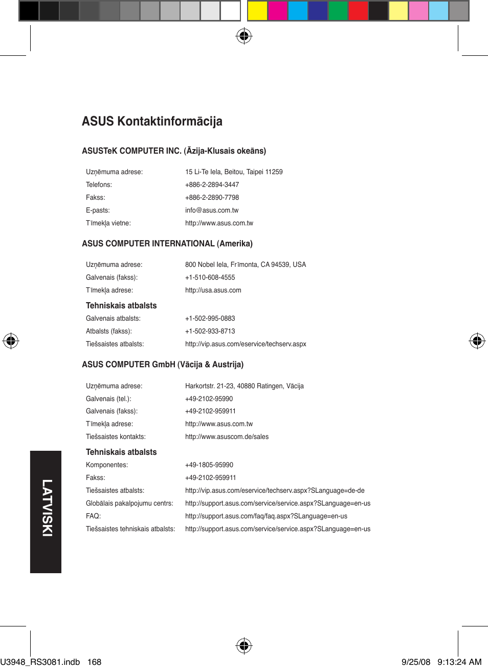 La tviski, Asus kontaktinformācija | Asus RX3081 User Manual | Page 168 / 301