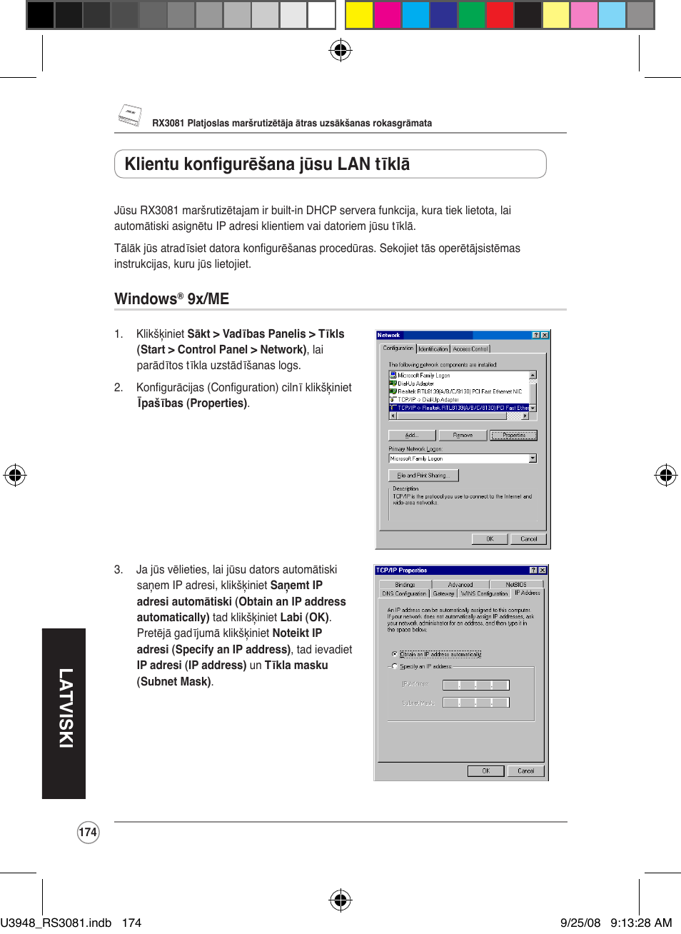 La tviski, Klientu konfigurēšana jūsu lan tīklā, Windows | 9x/me | Asus RX3081 User Manual | Page 174 / 301