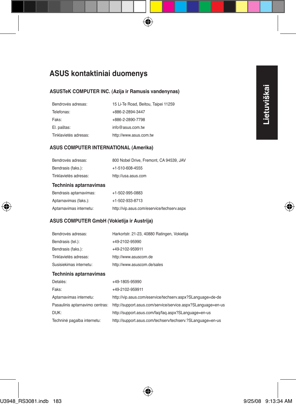 Lietuviškai, Asus kontaktiniai duomenys | Asus RX3081 User Manual | Page 183 / 301