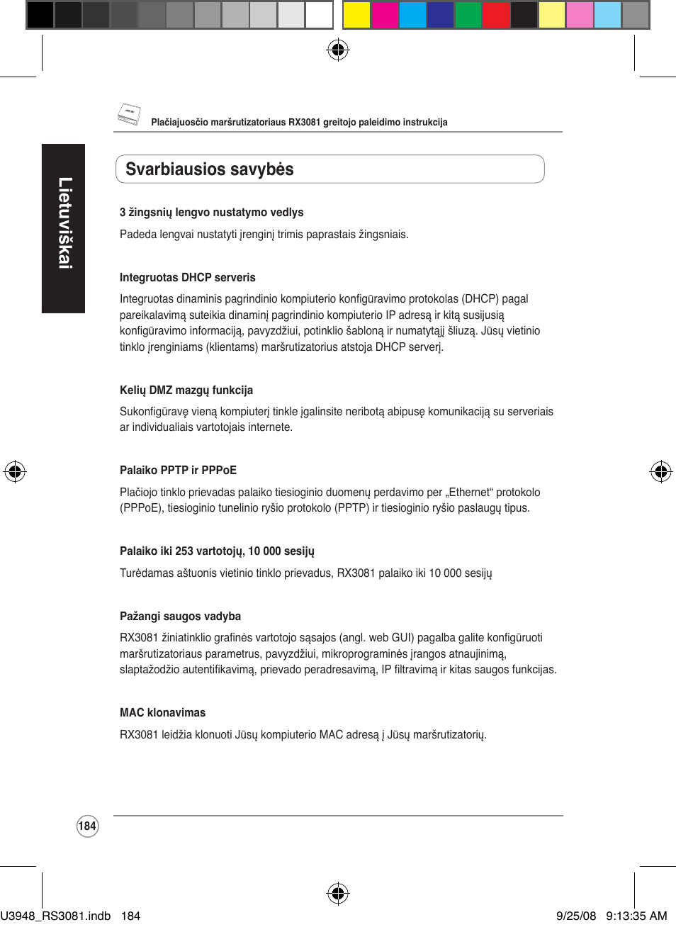 Lietuviškai, Svarbiausios savybės | Asus RX3081 User Manual | Page 184 / 301