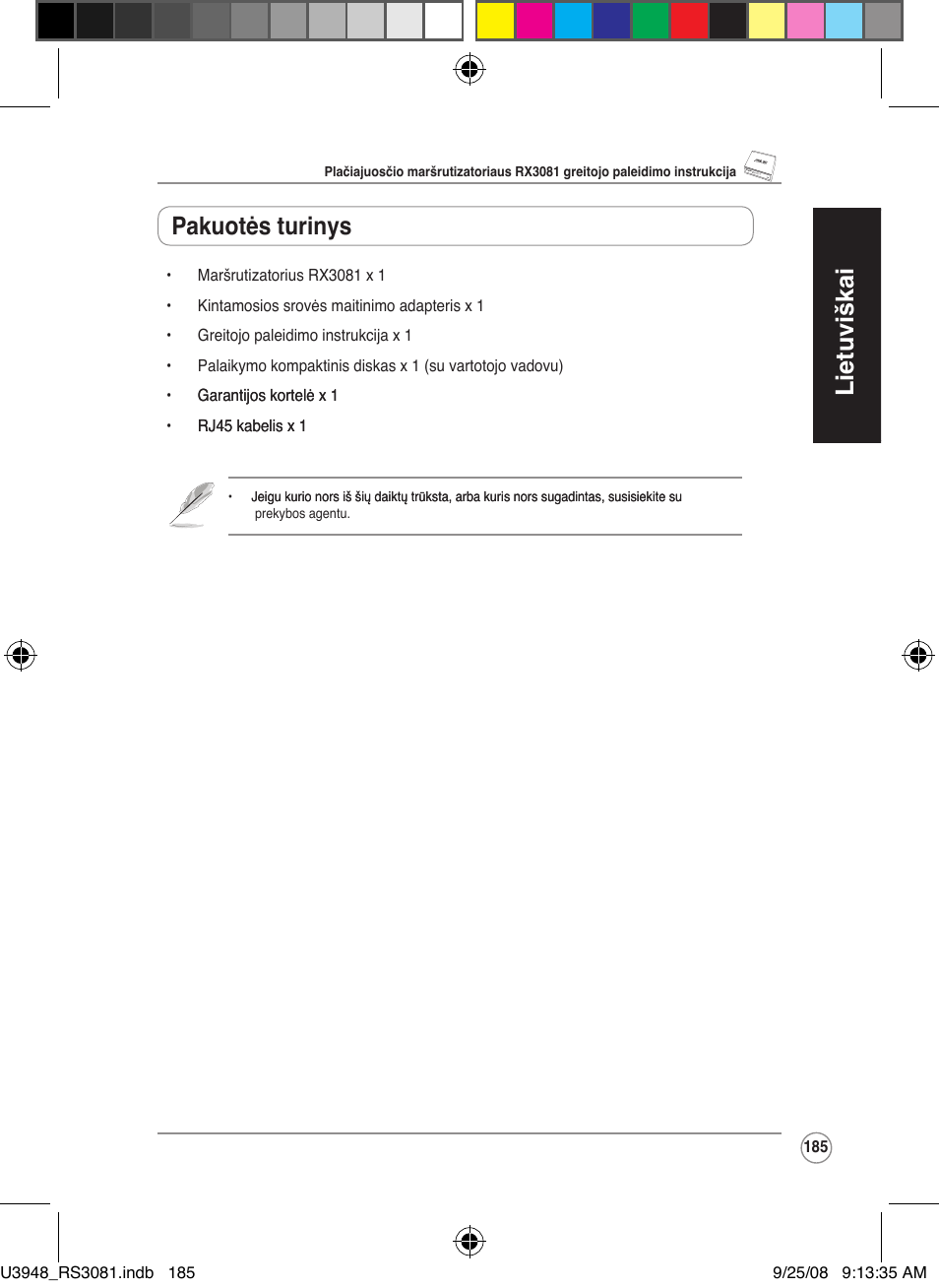 Lietuviškai, Pakuotės turinys | Asus RX3081 User Manual | Page 185 / 301