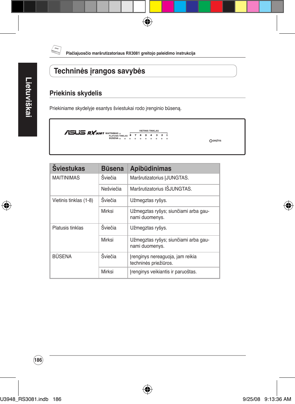 Lietuviškai, Techninės įrangos savybės, Priekinis skydelis | Šviestukas būsena apibūdinimas | Asus RX3081 User Manual | Page 186 / 301