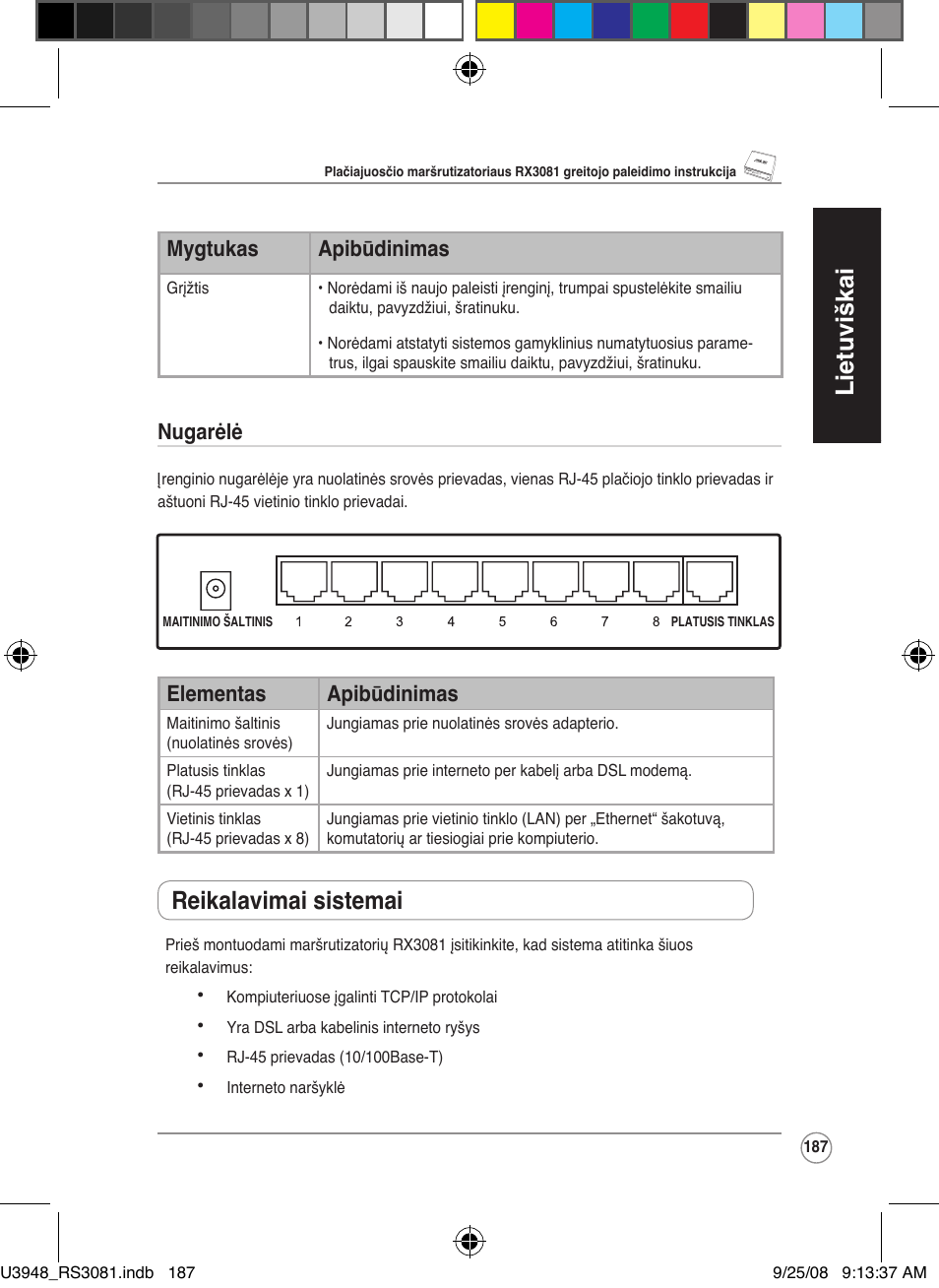 Lietuviškai, Reikalavimai sistemai, Mygtukas apibūdinimas | Nugarėlė, Elementas apibūdinimas | Asus RX3081 User Manual | Page 187 / 301