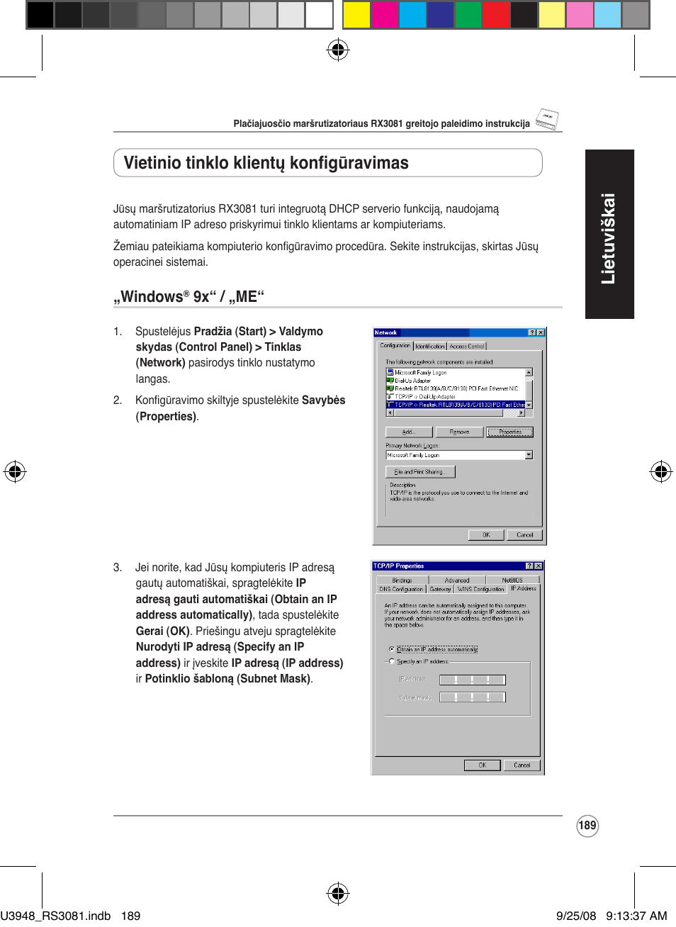 Lietuviškai, Vietinio tinklo klientų konfigūravimas, Windows | 9x“./.„me | Asus RX3081 User Manual | Page 189 / 301