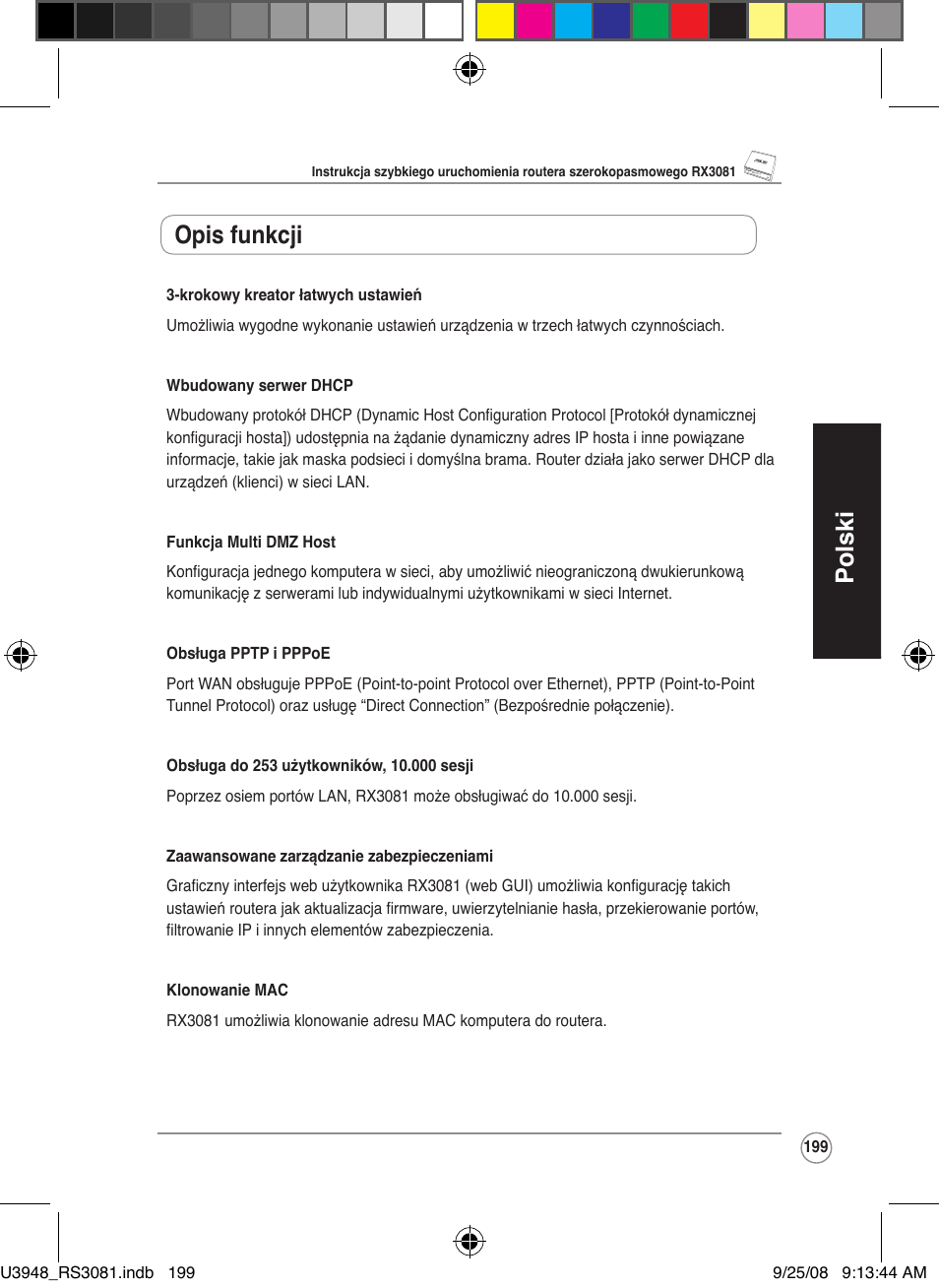 Polski, Opis funkcji | Asus RX3081 User Manual | Page 199 / 301