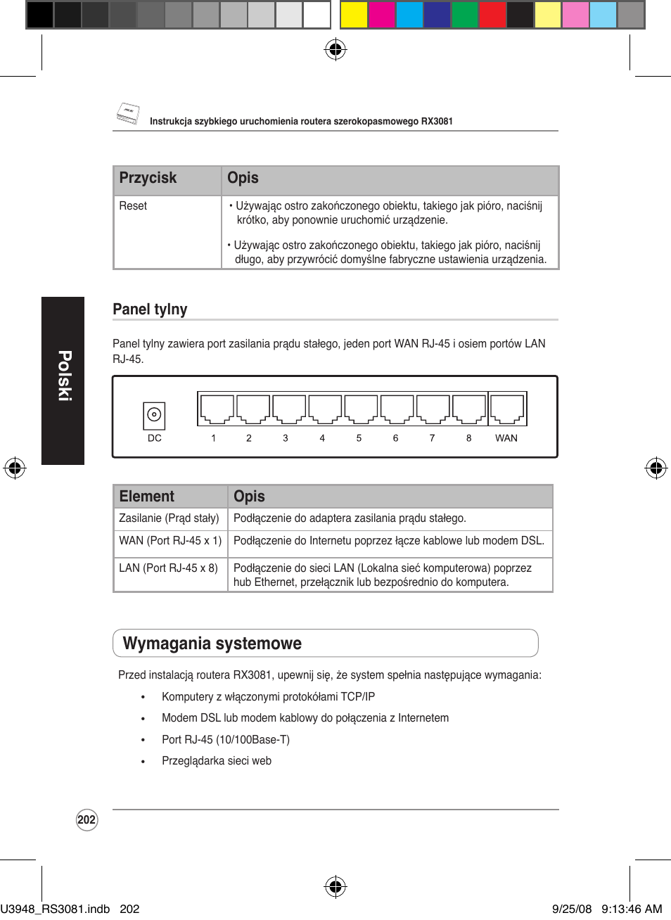 Polski, Wymagania systemowe, Przycisk opis | Panel tylny, Element opis | Asus RX3081 User Manual | Page 202 / 301