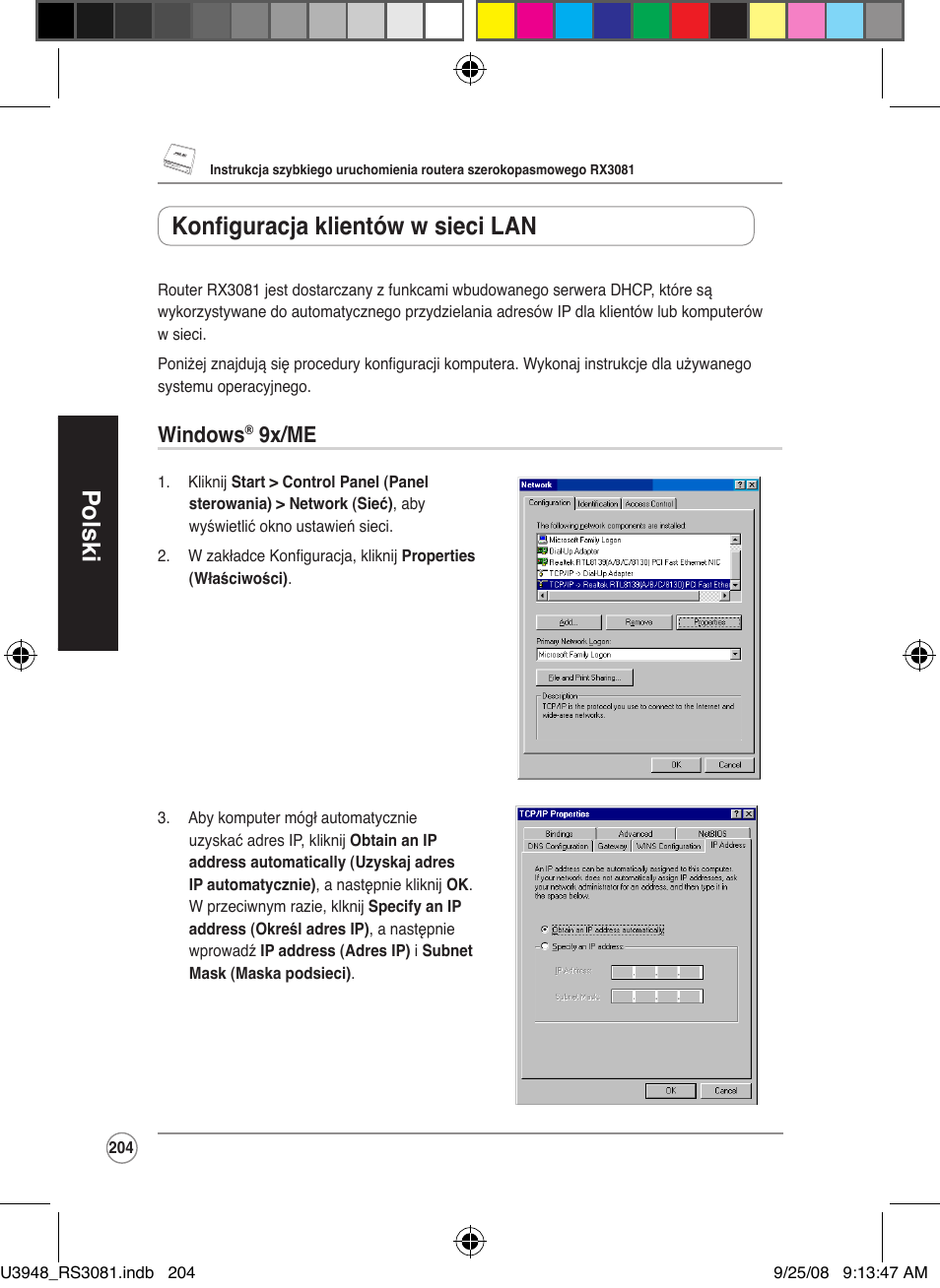 Polski, Konfiguracja klientów w sieci lan, Windows | 9x/me | Asus RX3081 User Manual | Page 204 / 301