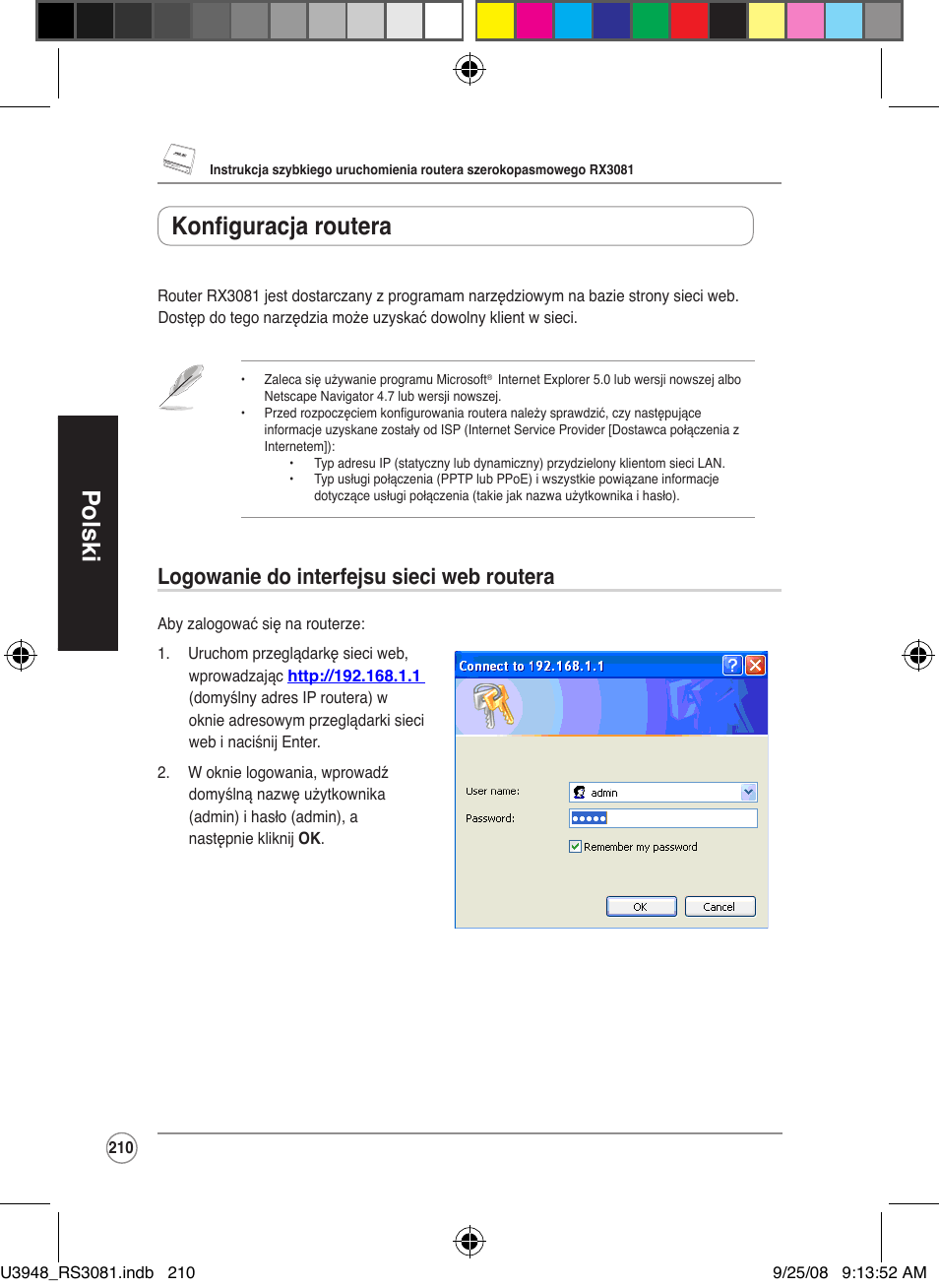 Polski, Konfiguracja routera, Logowanie do interfejsu sieci web routera | Asus RX3081 User Manual | Page 210 / 301