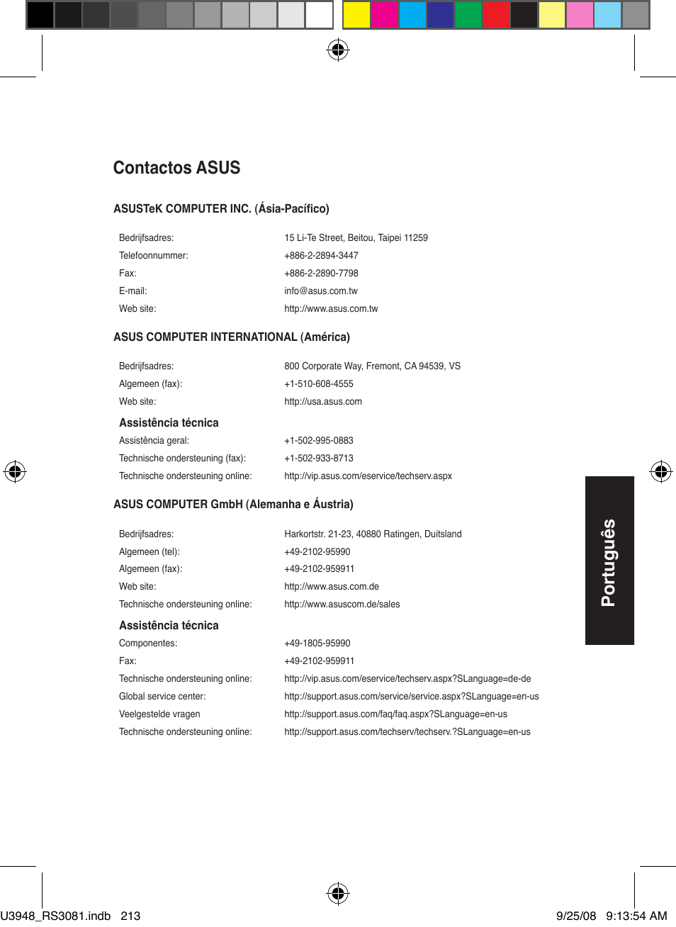 Português, Contactos asus | Asus RX3081 User Manual | Page 213 / 301