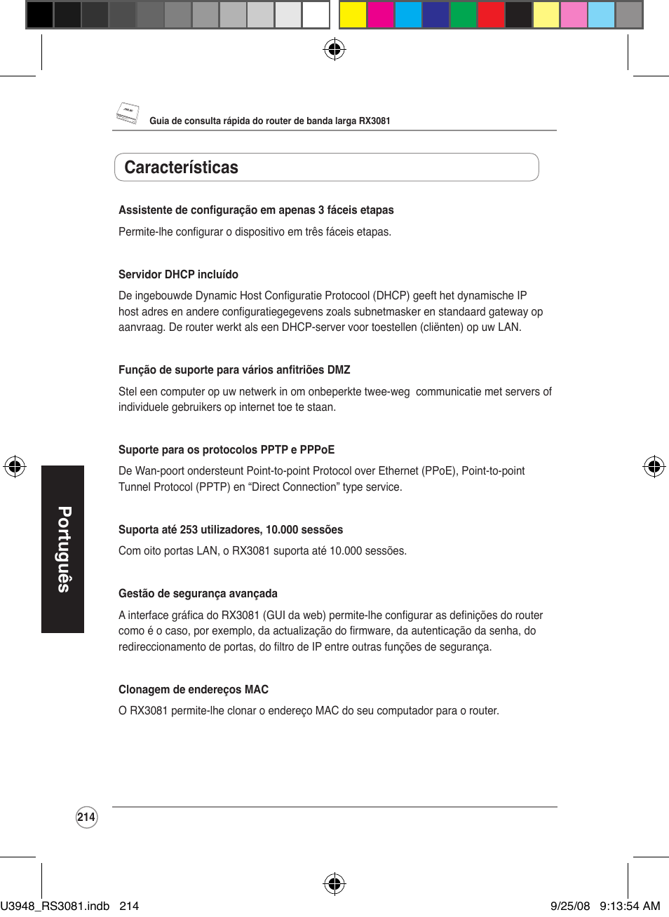 Português, Características | Asus RX3081 User Manual | Page 214 / 301