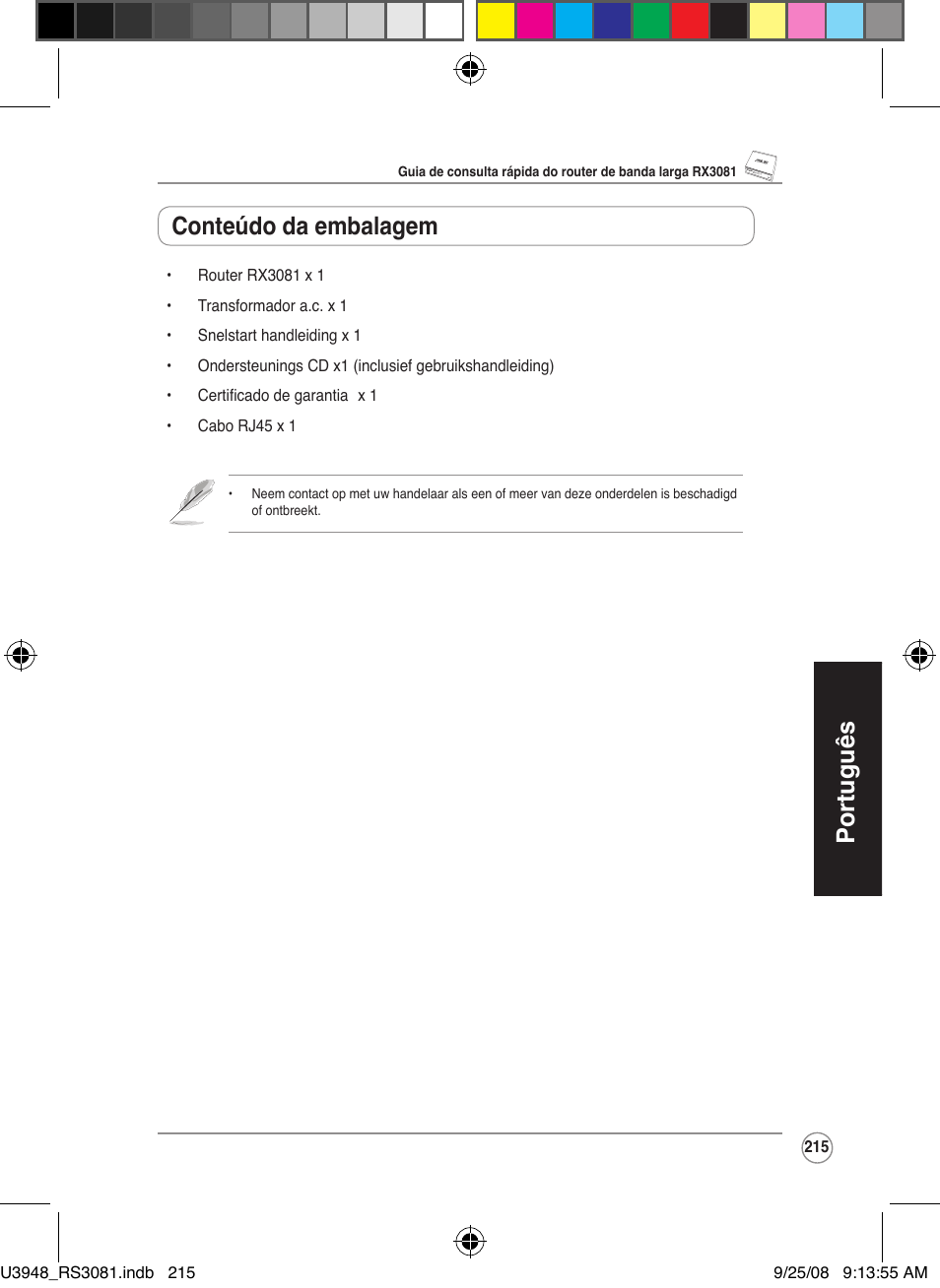 Português, Conteúdo da embalagem | Asus RX3081 User Manual | Page 215 / 301