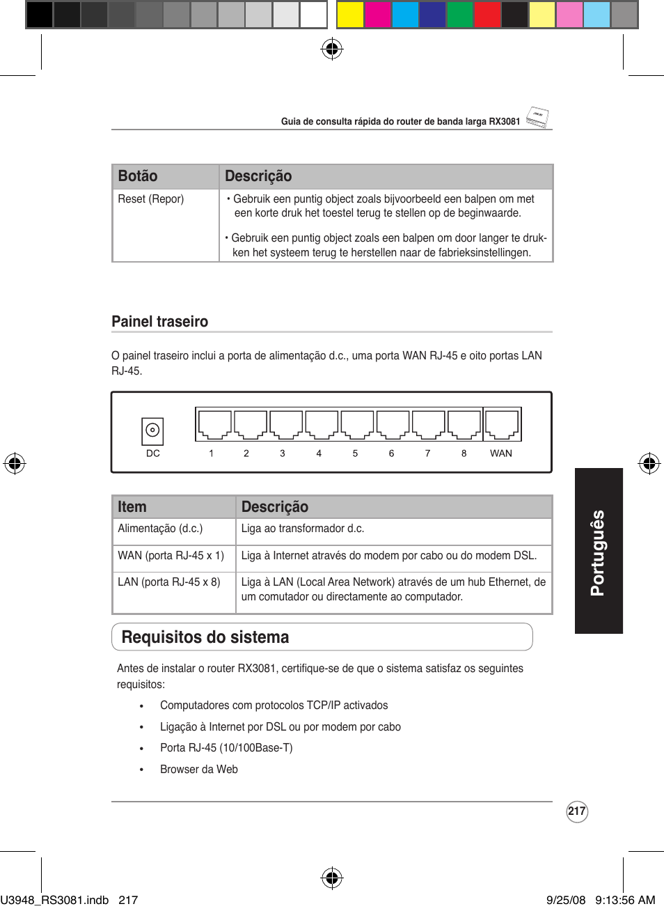 Português, Requisitos do sistema, Botão descrição | Painel traseiro, Item descrição | Asus RX3081 User Manual | Page 217 / 301