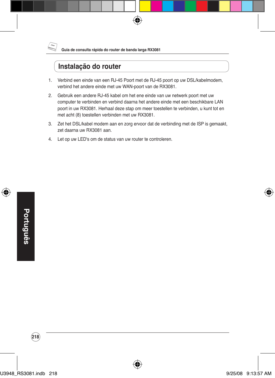 Português, Instalação do router | Asus RX3081 User Manual | Page 218 / 301