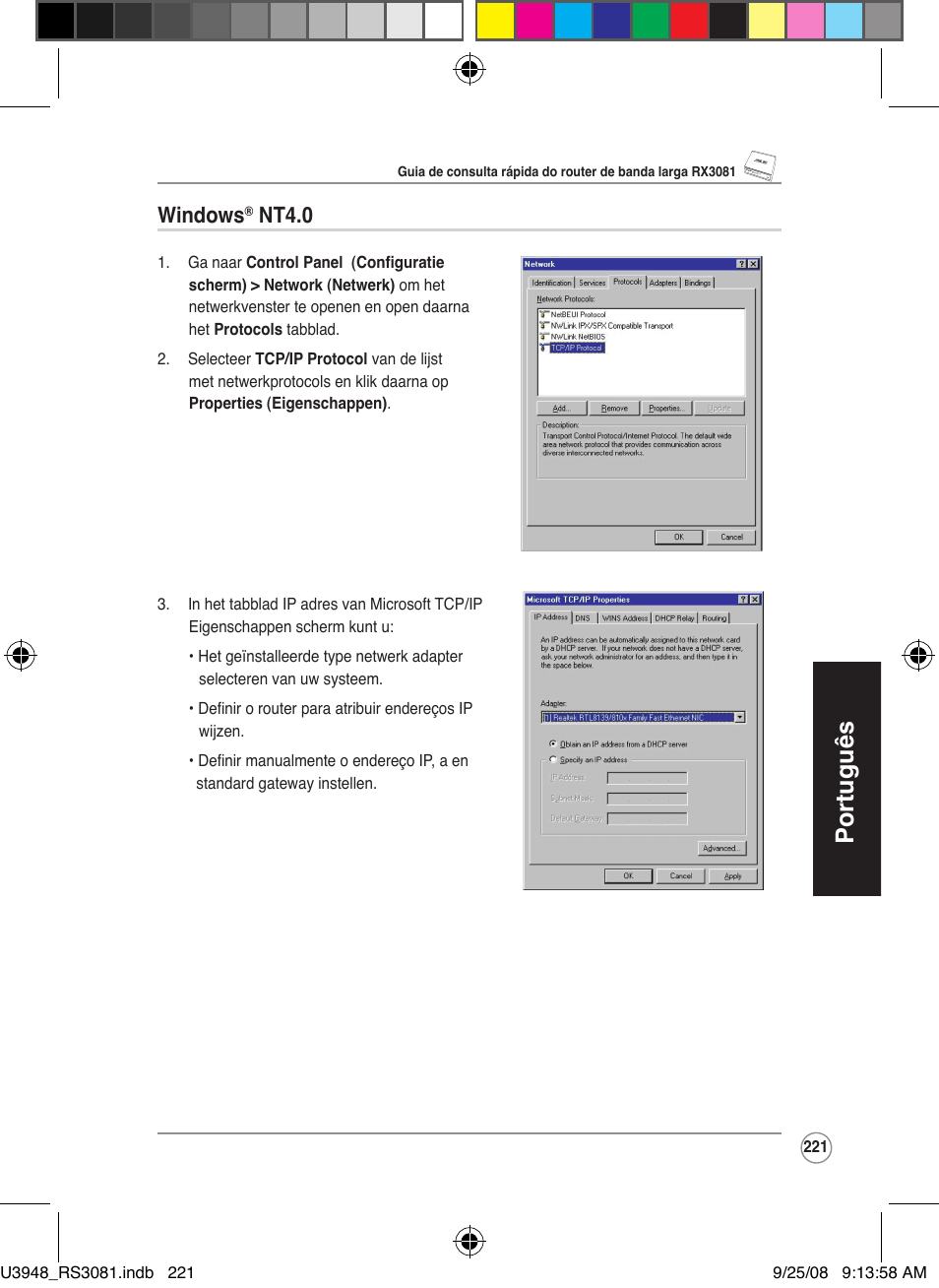 Português, Windows, Nt4.0 | Asus RX3081 User Manual | Page 221 / 301