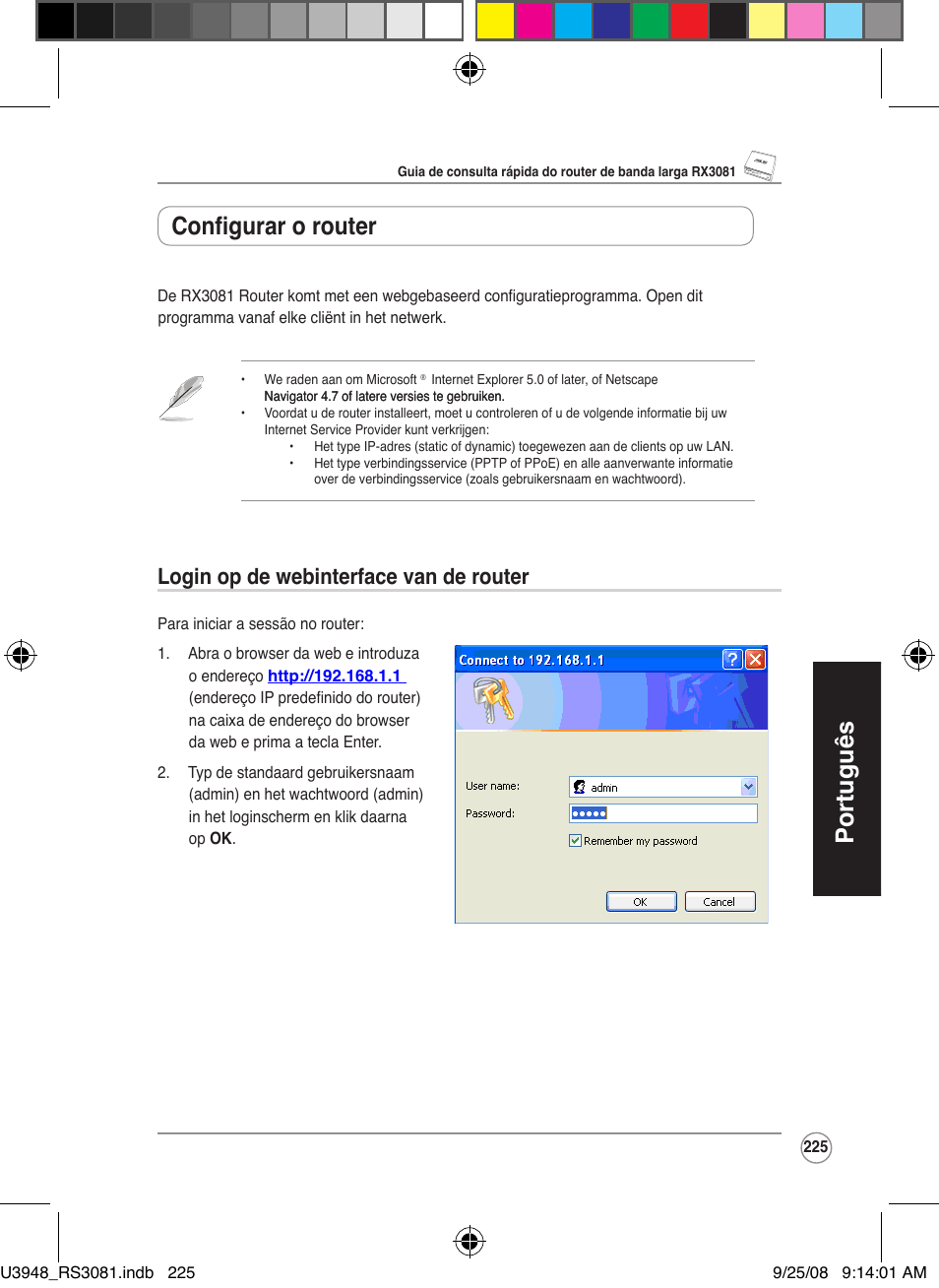 Português, Configurar o router, Login op de webinterface van de router | Asus RX3081 User Manual | Page 225 / 301