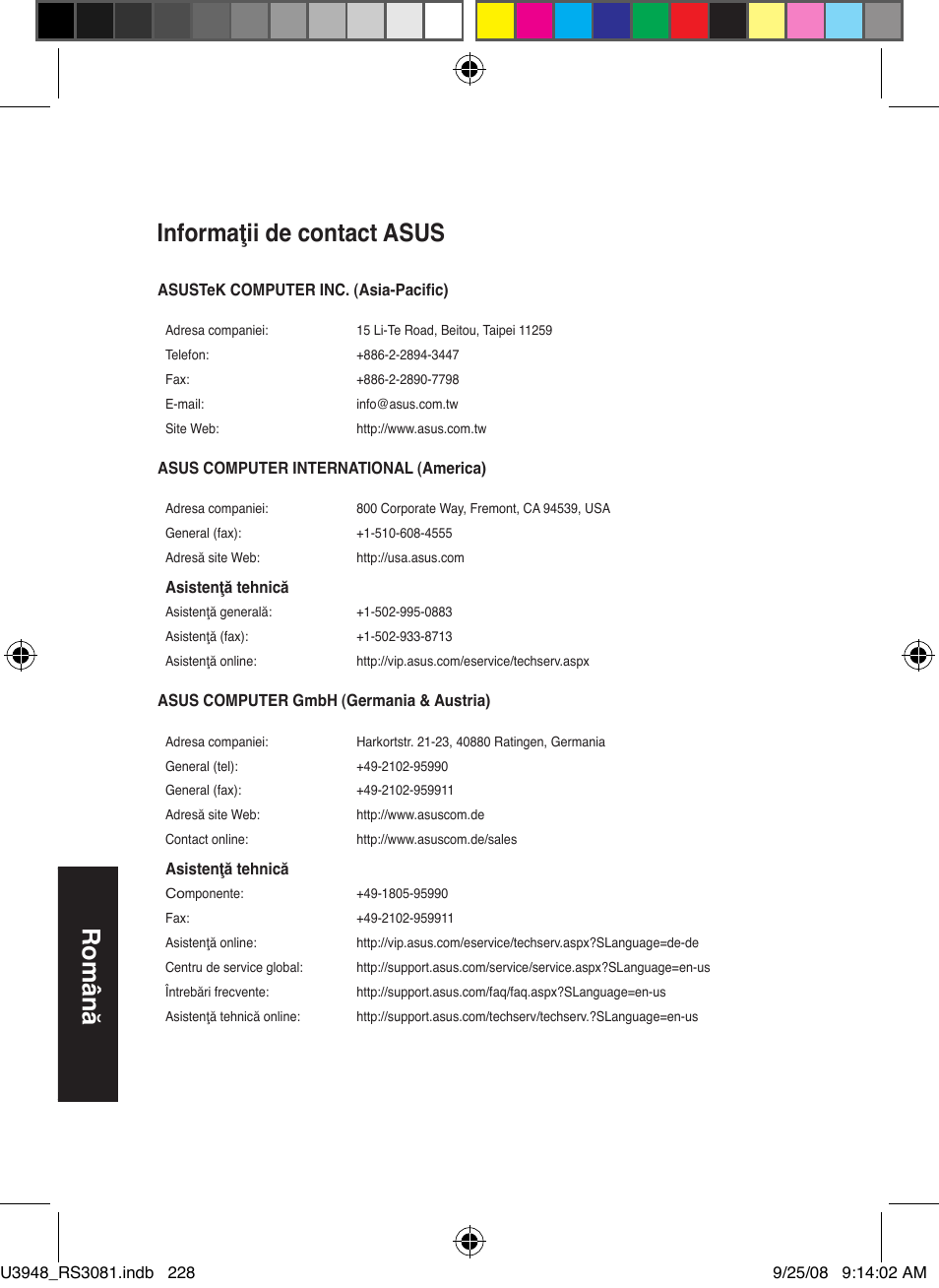 Română, Informaţii de contact asus | Asus RX3081 User Manual | Page 228 / 301