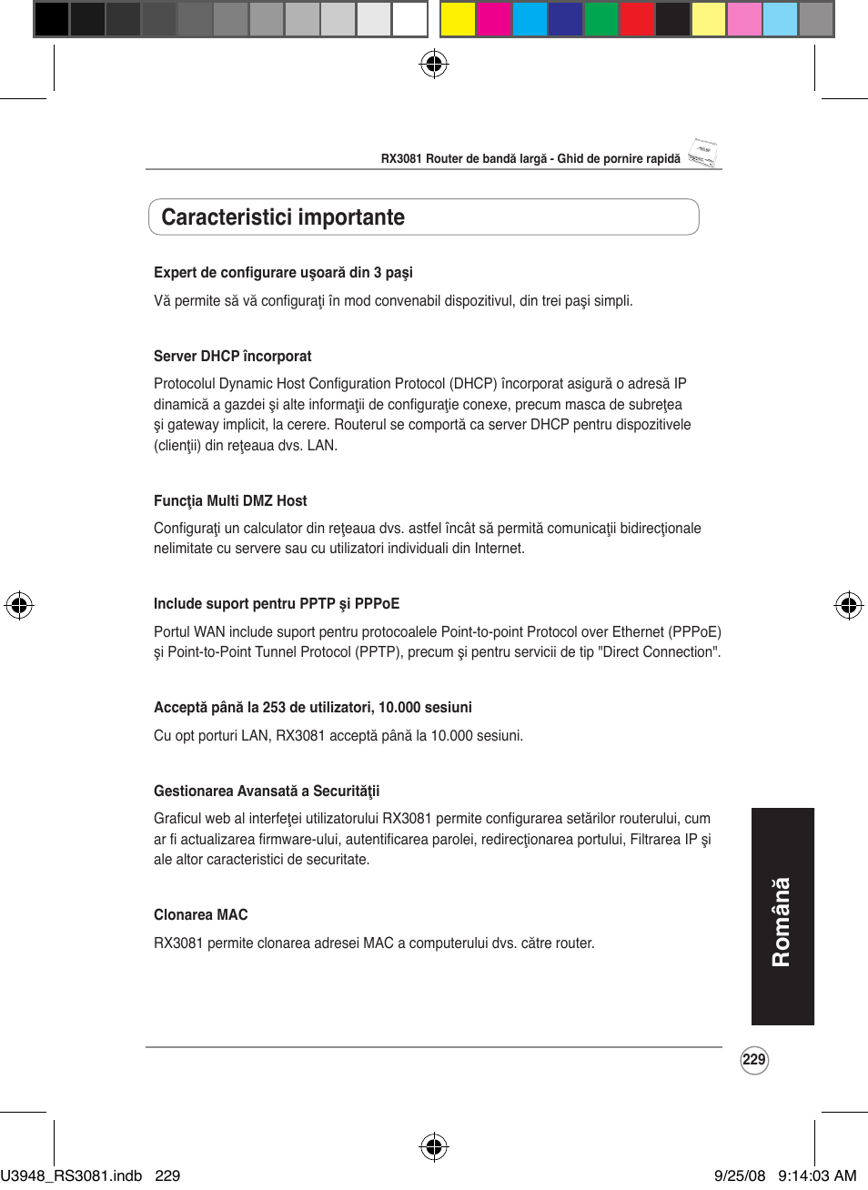 Română, Caracteristici importante | Asus RX3081 User Manual | Page 229 / 301