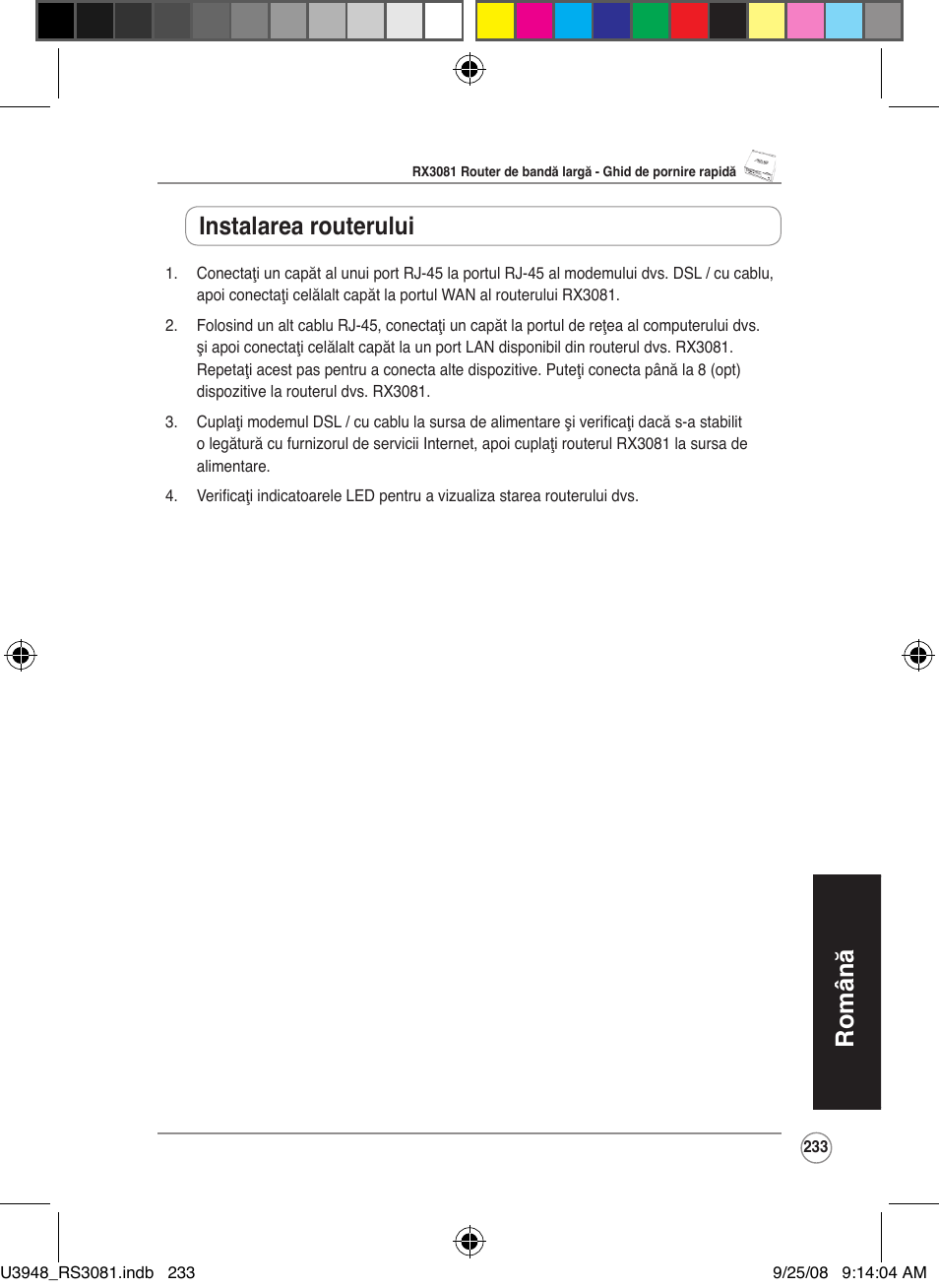 Română, Instalarea routerului | Asus RX3081 User Manual | Page 233 / 301