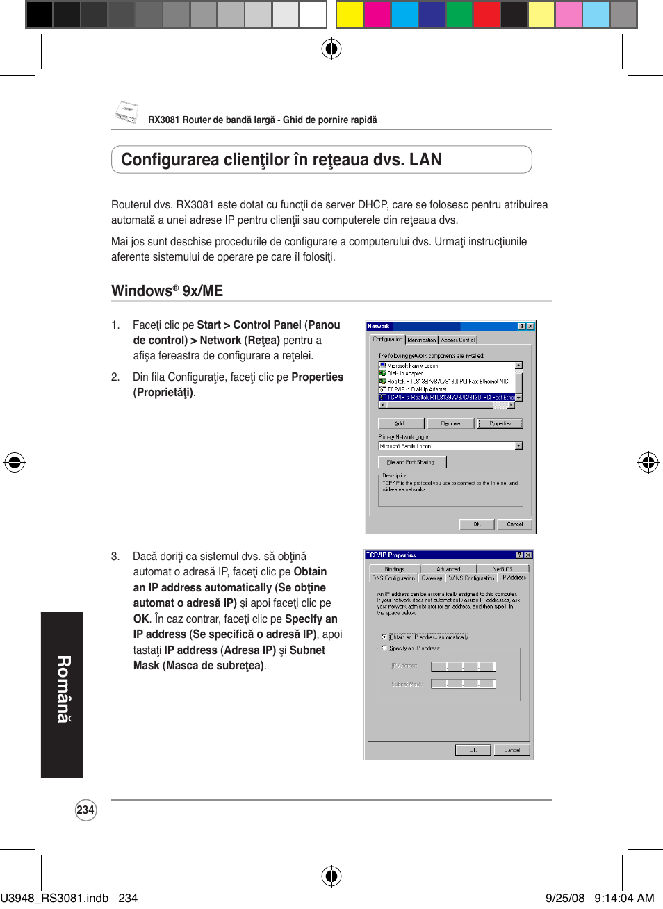 Română, Configurarea clienţilor în reţeaua dvs. lan, Windows | 9x/me | Asus RX3081 User Manual | Page 234 / 301