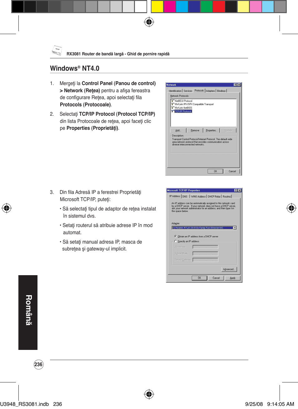 Română, Windows, Nt4.0 | Asus RX3081 User Manual | Page 236 / 301