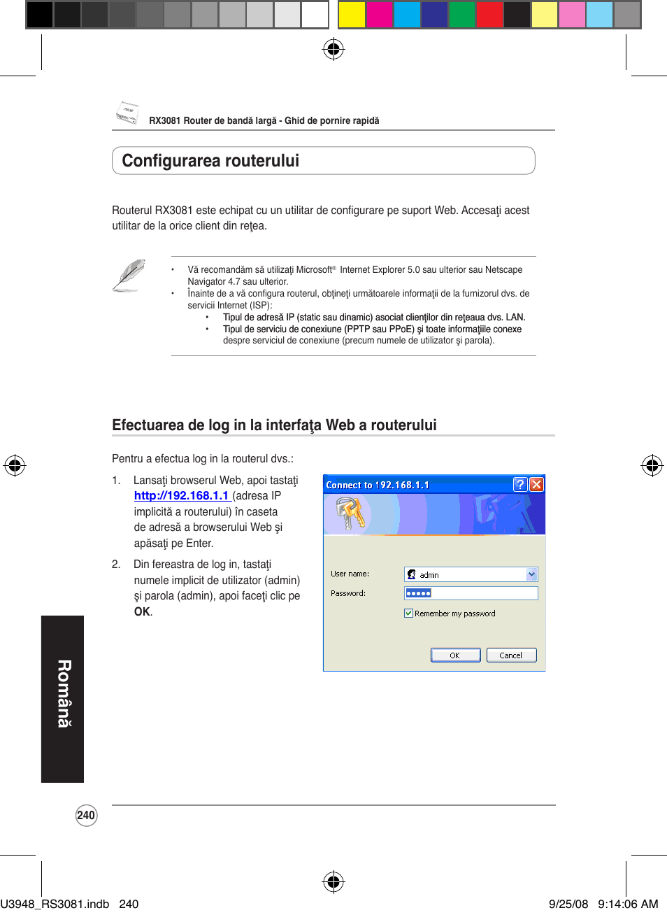 Română, Configurarea routerului, Efectuarea de log in la interfaţa web a routerului | Asus RX3081 User Manual | Page 240 / 301