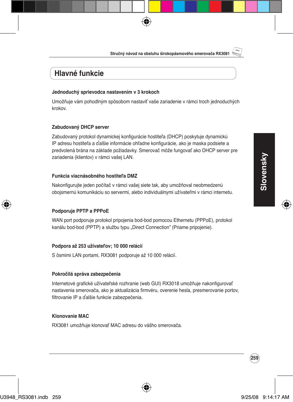 Slovensky, Hlavné funkcie | Asus RX3081 User Manual | Page 259 / 301