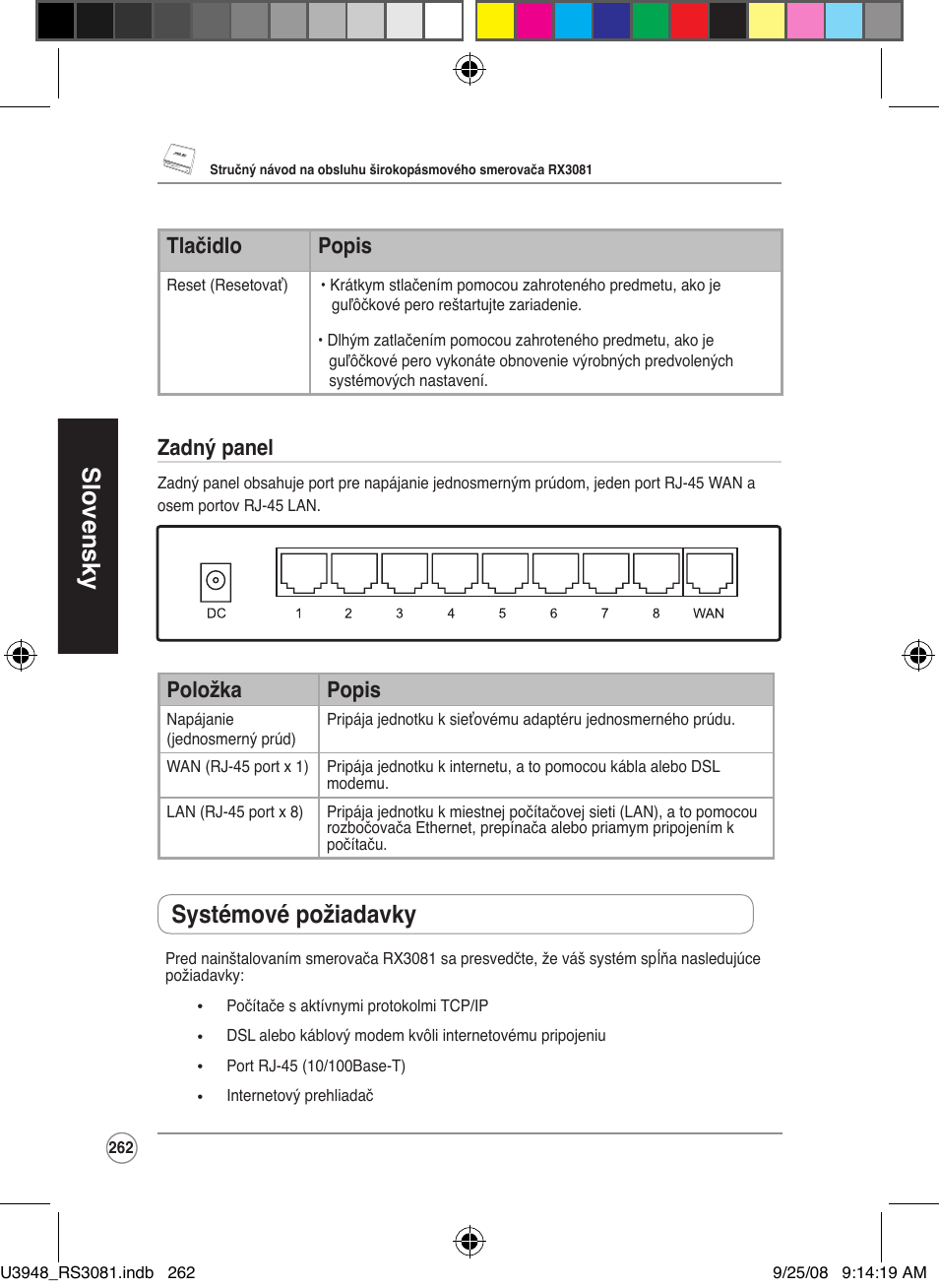 Slovensky, Systémové požiadavky, Tlačidlo popis | Zadný panel, Položka popis | Asus RX3081 User Manual | Page 262 / 301