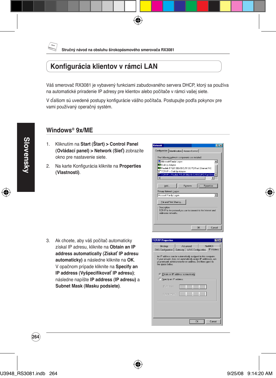 Slovensky, Konfigurácia klientov v rámci lan, Windows | 9x/me | Asus RX3081 User Manual | Page 264 / 301