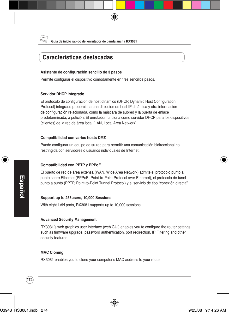 Español, Características destacadas | Asus RX3081 User Manual | Page 274 / 301